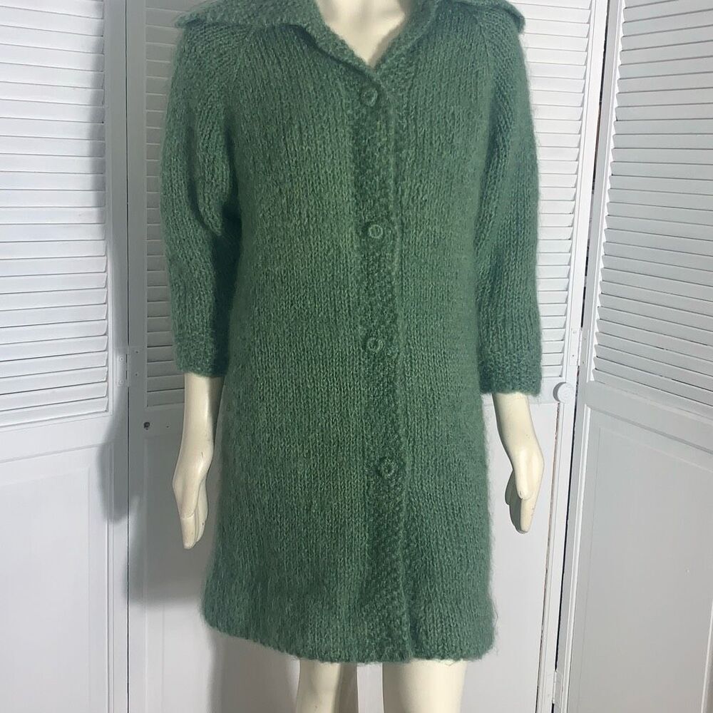 Vintage 1940’s Green Knit Long Sweater Coat Swagger Jacket Medium‎